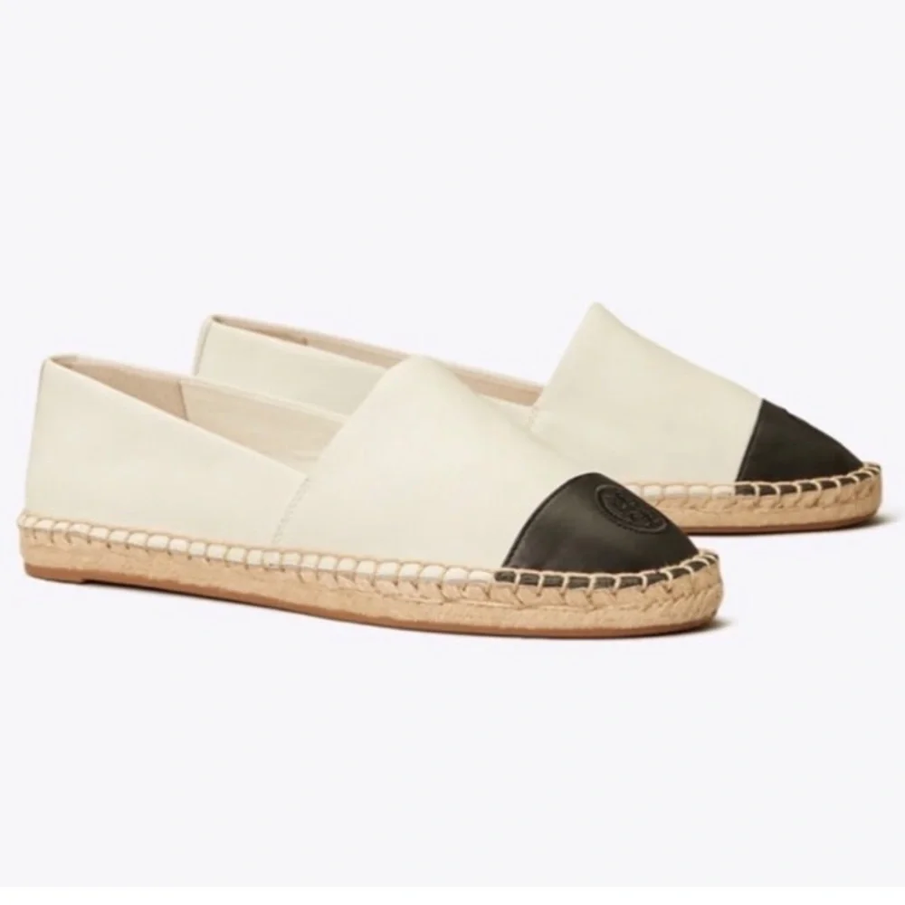 Like new Tory Burch White and Black Cap Toe Colorblock Espadrilles Flats